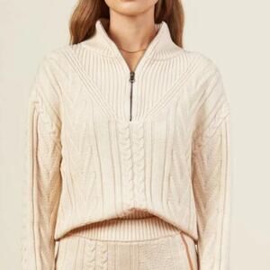 Monrow Merino Cable Knit Half Zip Sweater Off White size XS
